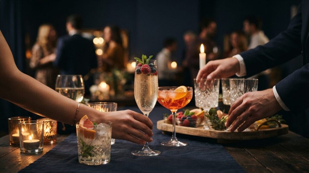 Stemningsfyldt bordopstilling med drinkglas, lys og guldreflekser mod marineblå baggrund.