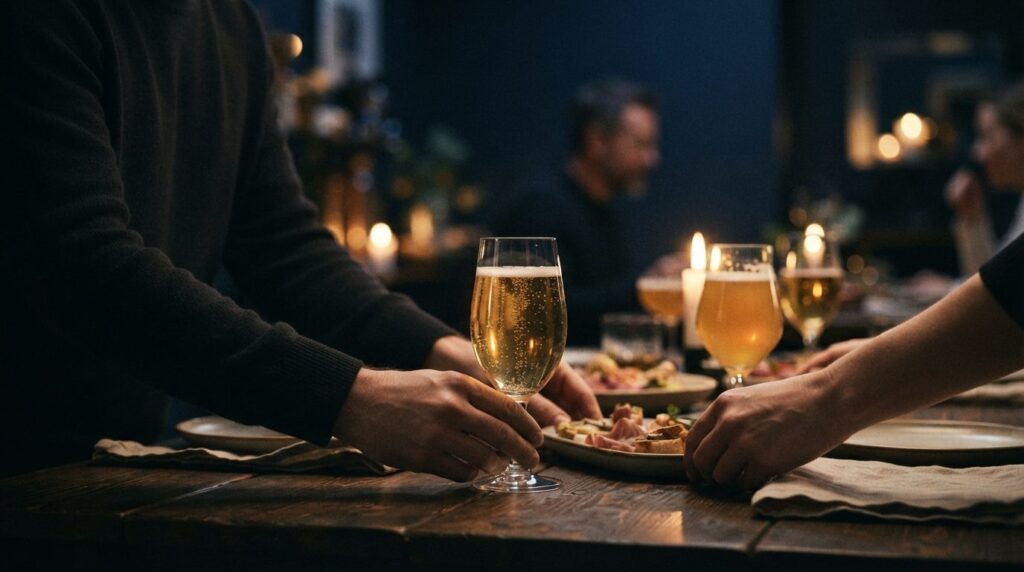Ølglas med bobler oplyst af stearinlys, hænder arrangerer glas og tallerkner i blåt lys med guldglans.