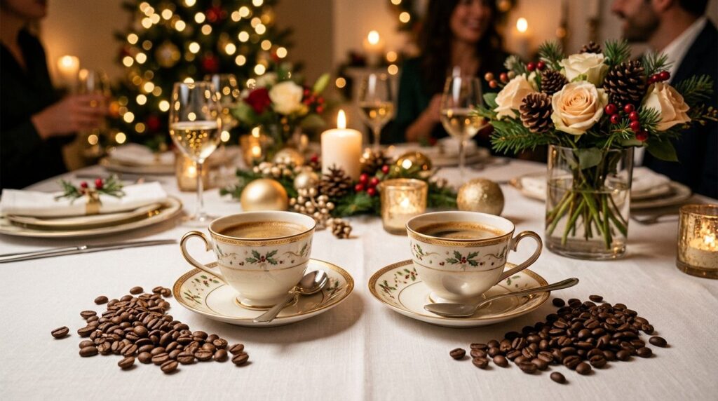 Elegant festive table setting with two premium coffee cups a