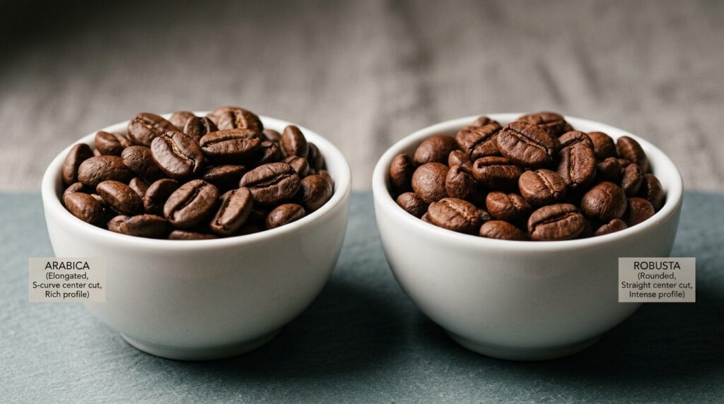 Close-up detailed comparison shot of arabica and robusta cof