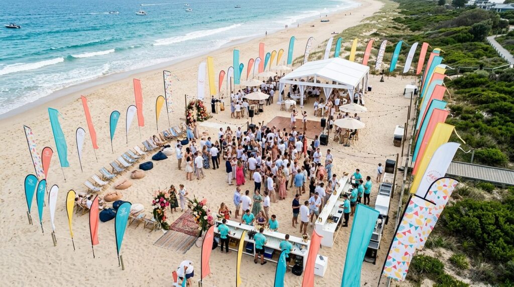 Aerial view of outdoor celebration venue with multiple coord
