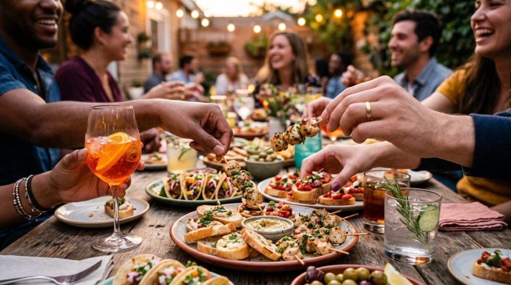 Close-up photorealistic shot of hands reaching for appetizer