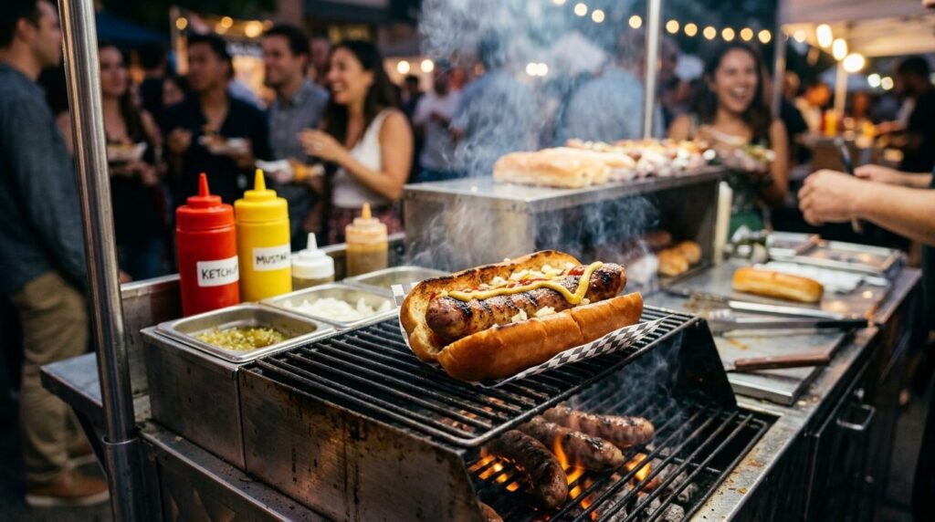Close-up of freshly grilled sausages in a traditional hot do