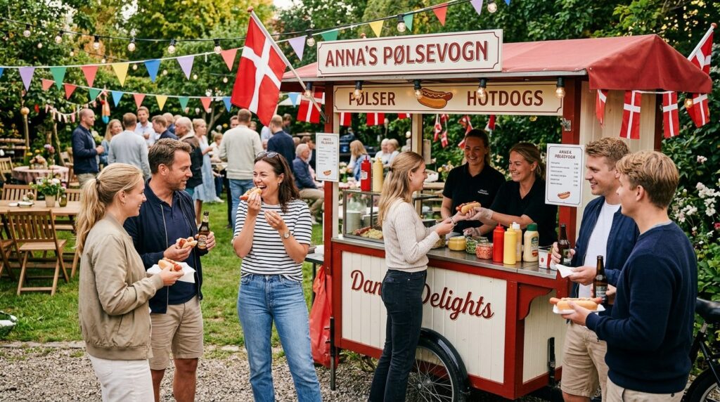 Dynamic scene of multiple guests mingling and eating hot dog