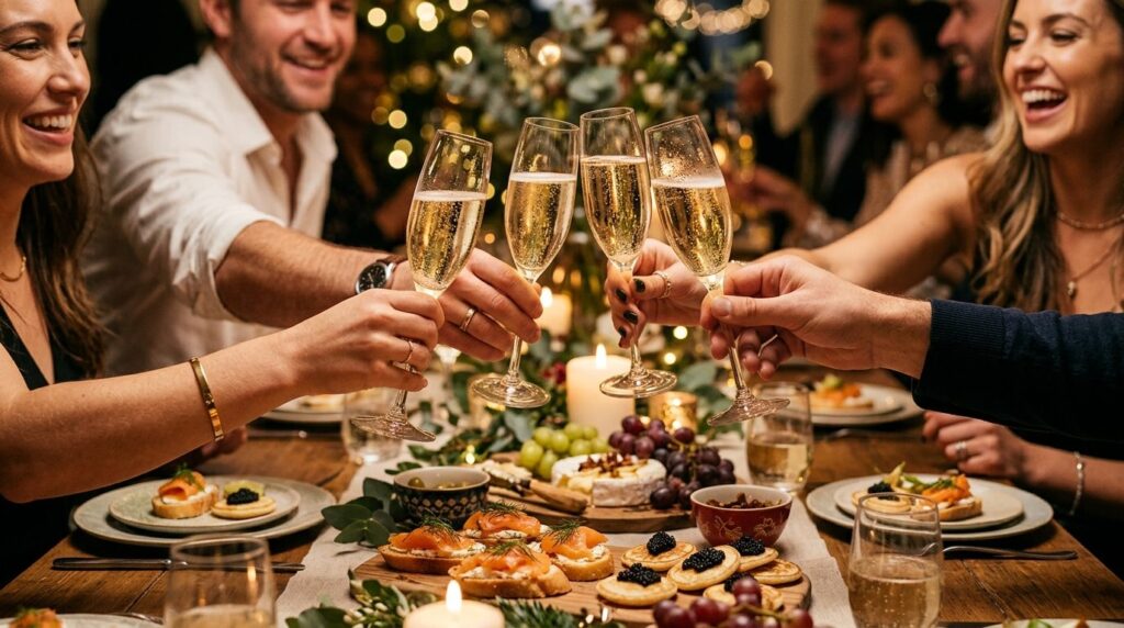 Close-up of hands toasting with prosecco and champagne glass