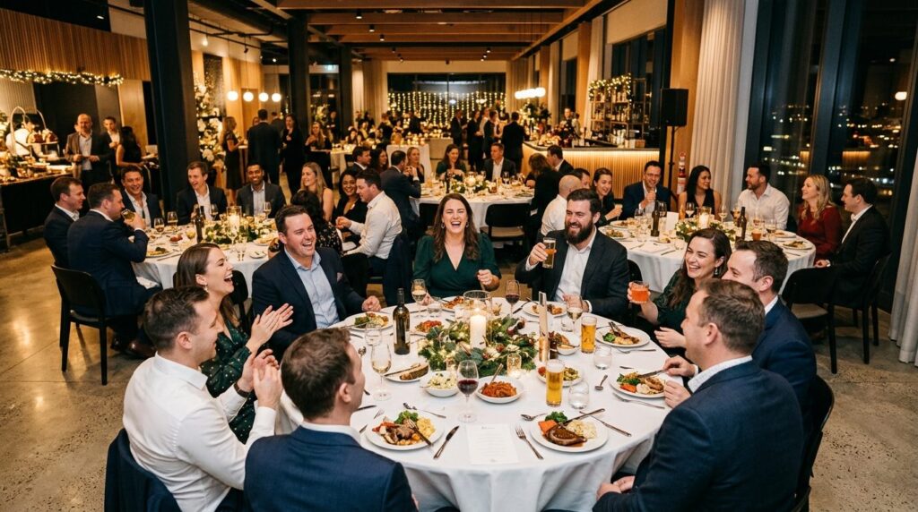 Wide shot of a corporate team laughing and interacting durin