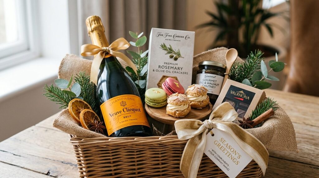 Close-up of an elegant corporate gift hamper with sparkling 