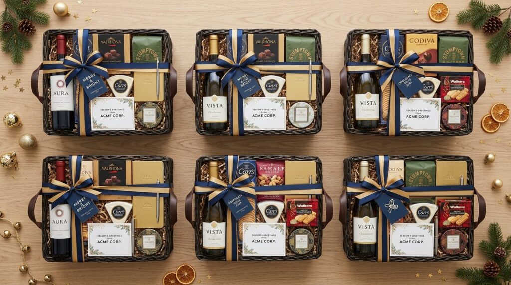 Overhead flat lay of multiple curated gift baskets ready for