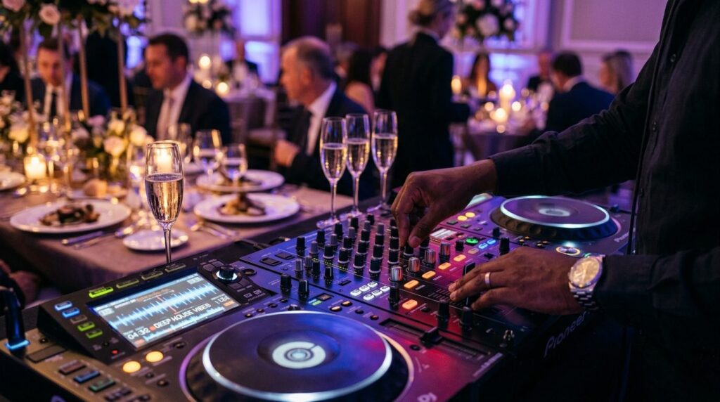 Close-up shot of a DJs hands on professional mixing equipme