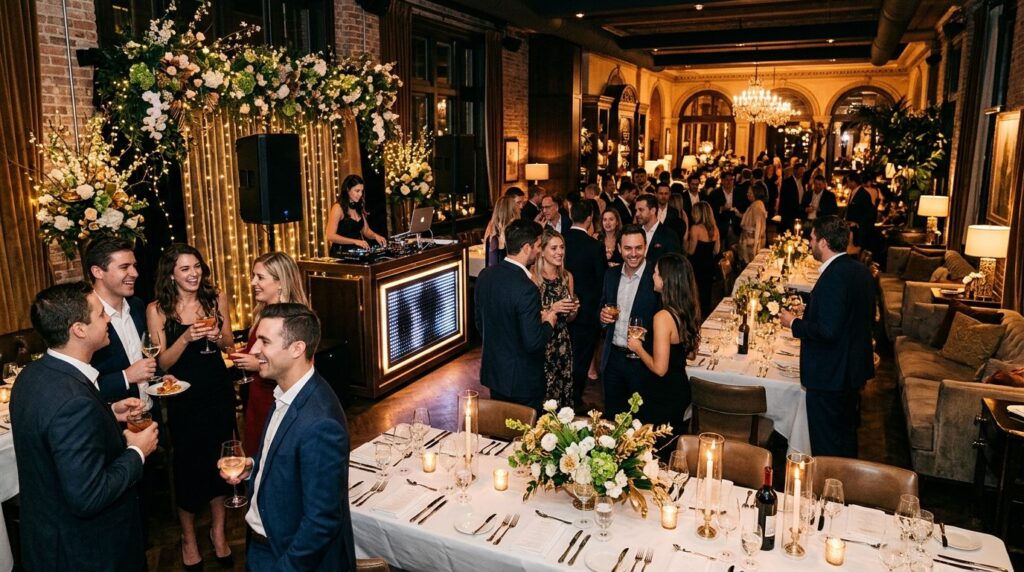Wide angle view of an elegant private party or celebration w