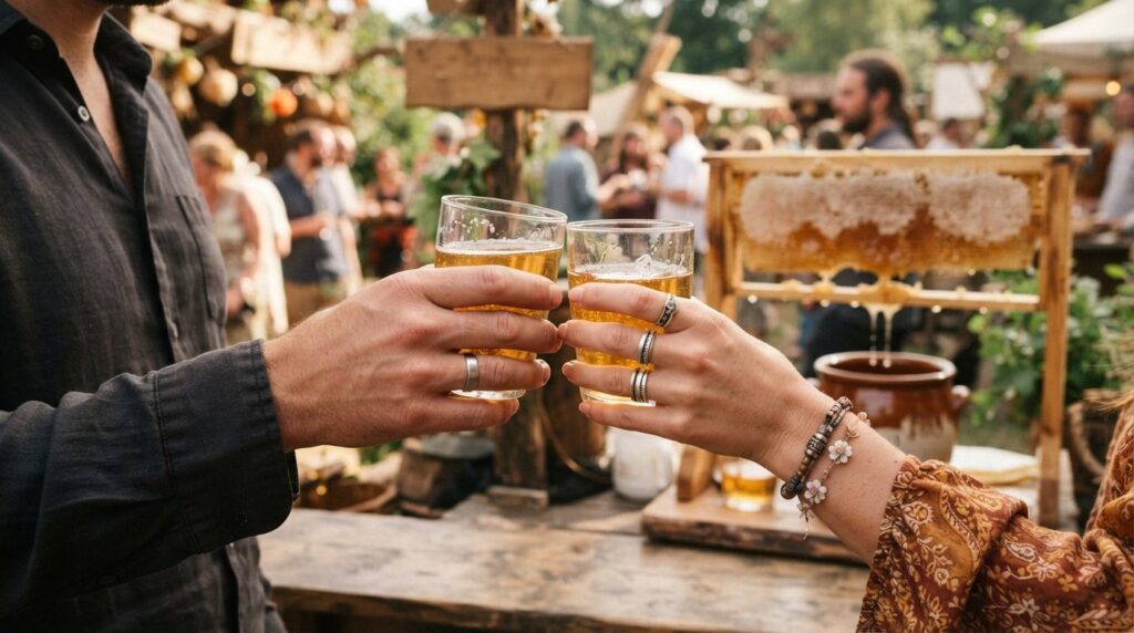 Photorealistic close-up of a couples hands toasting with tw