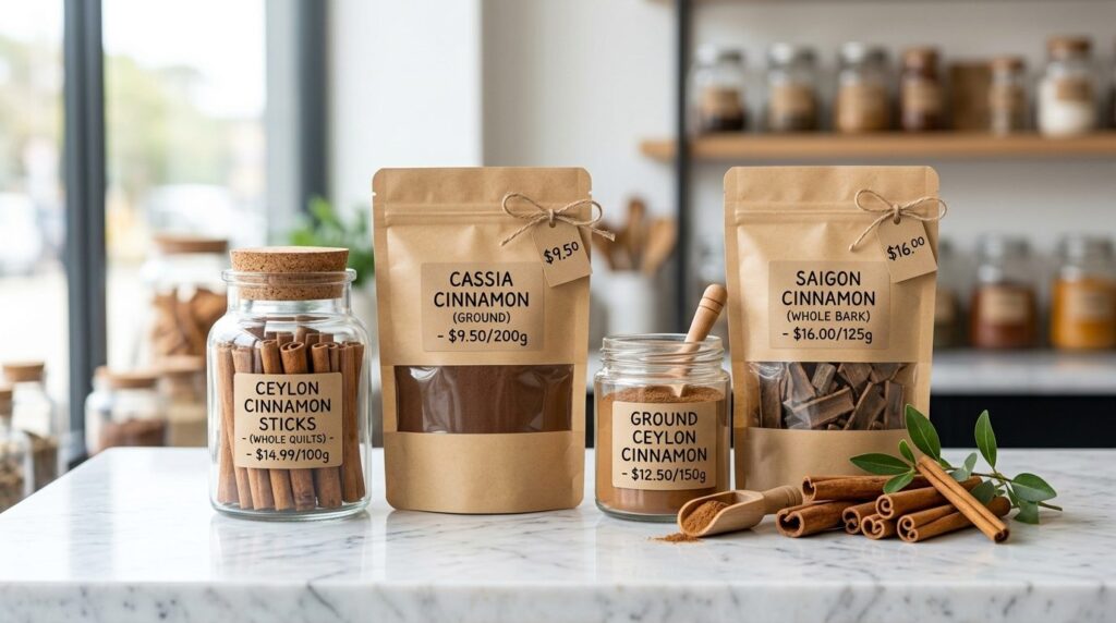 Professional product photography of various cinnamon varieti