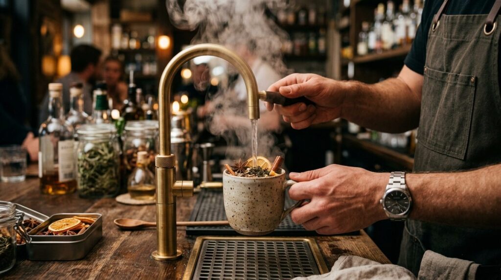 Close-up professional food photography of a bartenders hand