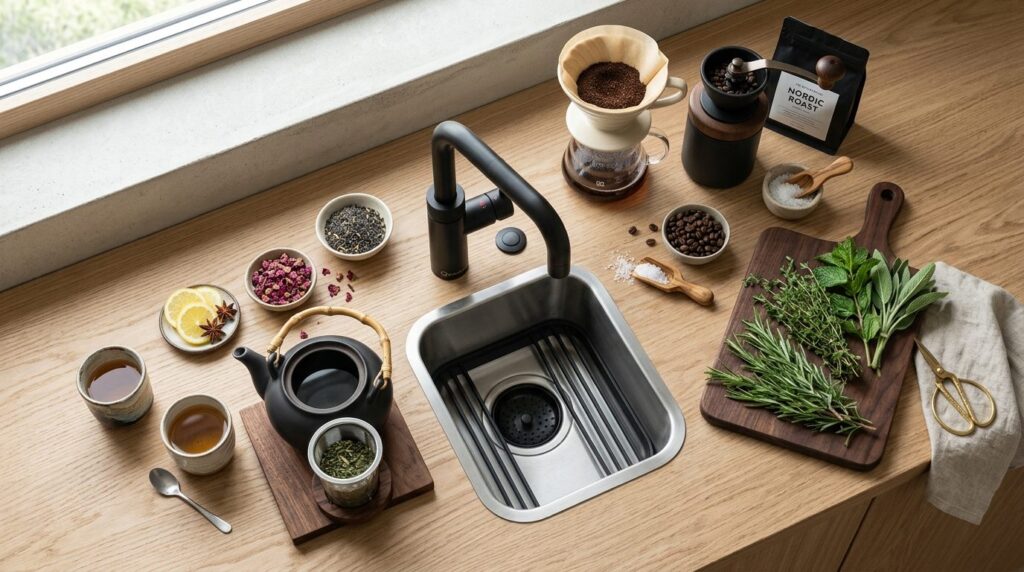Overhead flat-lay photography of a modern kitchen countertop