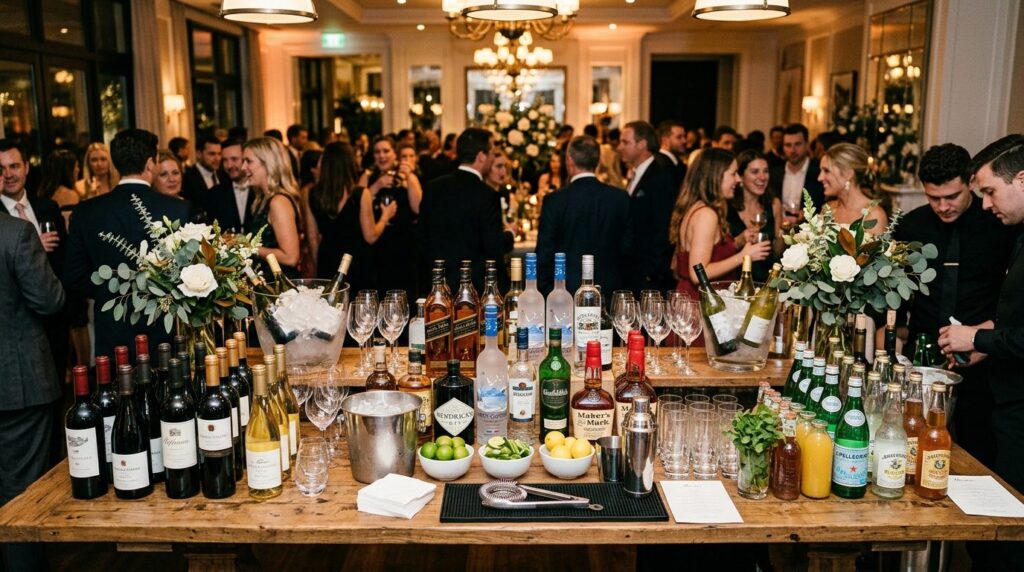 Et stort udvalg af flasker og glas på en bar til et event.