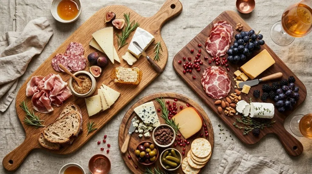 Overhead flat lay of a trio wooden cutting board collection 