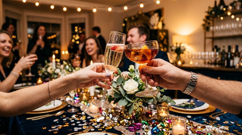 Close-up shot of clinking champagne glasses and cocktails on