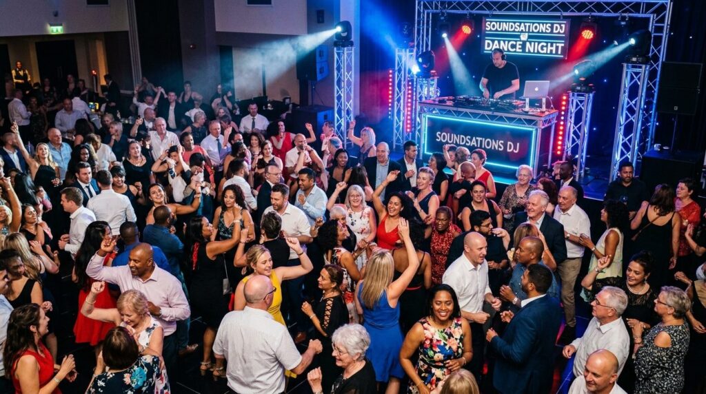 Wide angle view of a crowded dancefloor with diverse guests 