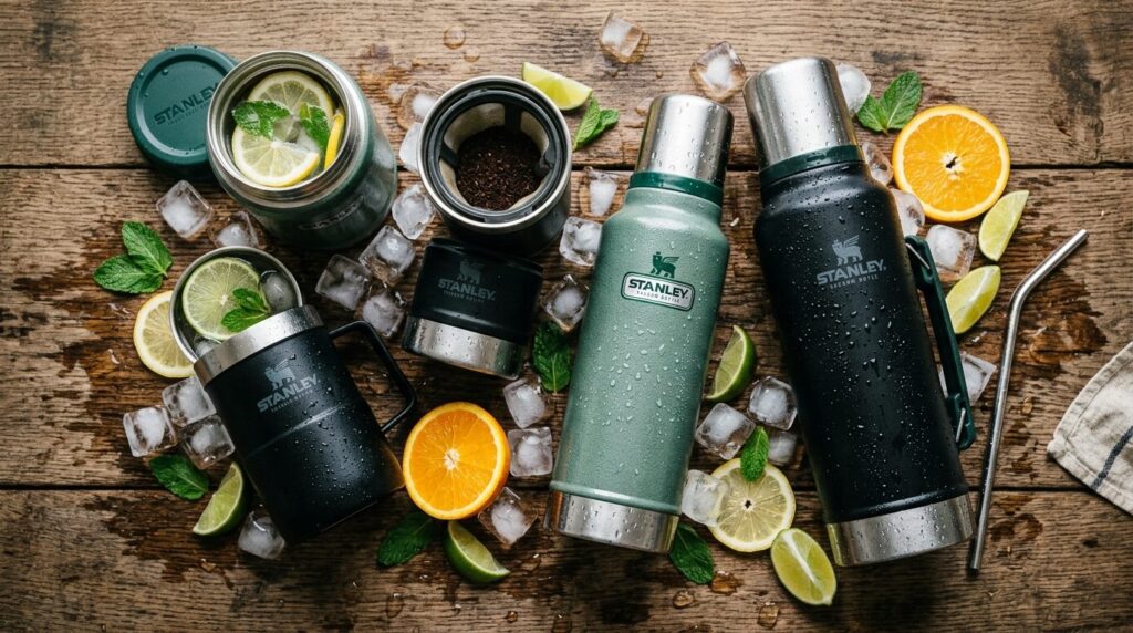 Close-up flat lay of Stanley insulated bottles and container