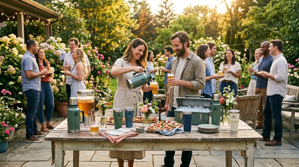 Outdoor garden party scene with Stanley thermal containers k