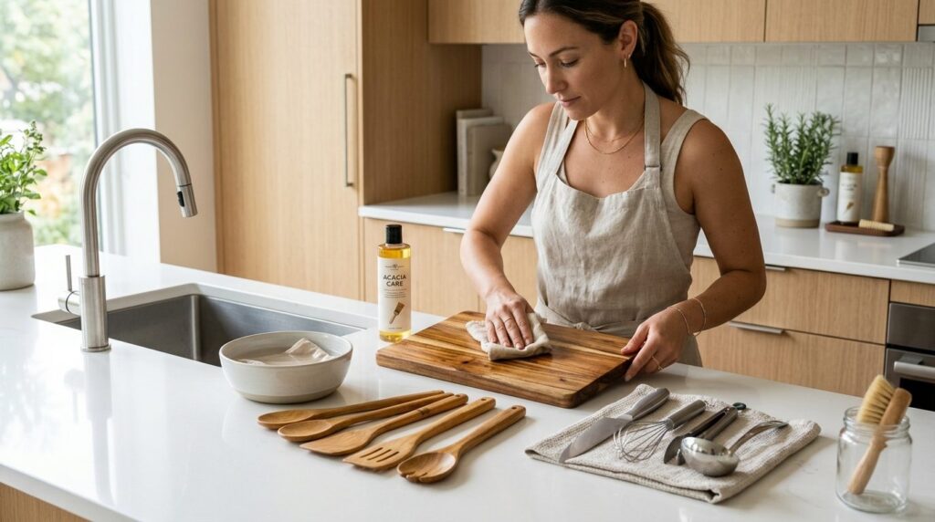 Elegant kitchen utensil care scene showing pristine acacia w