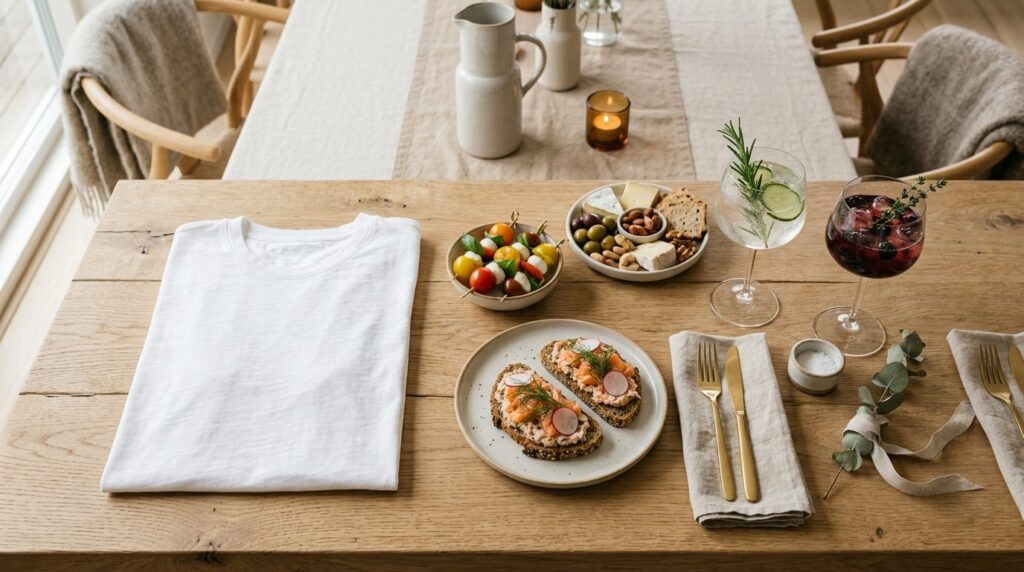 Flat lay overhead shot of a white casual t-shirt next to gou