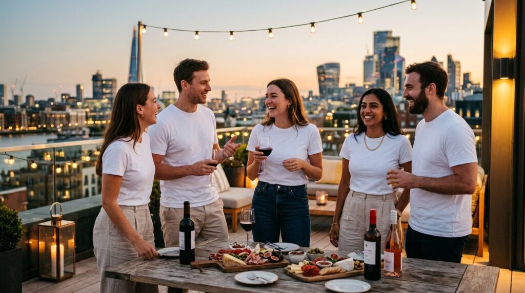 Candid lifestyle photograph of young adults in casual white 