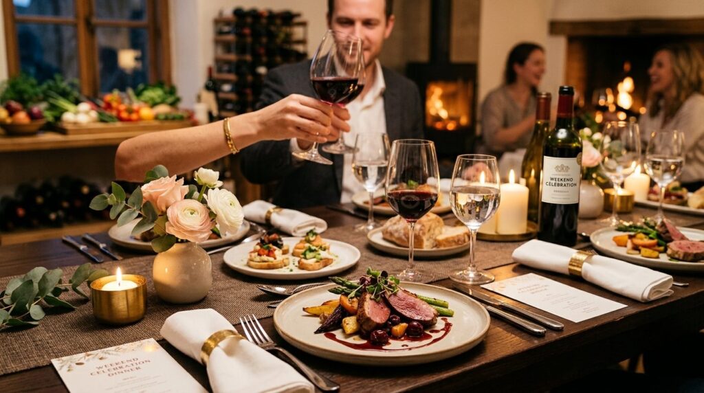 Festligt dækket bord med elegant arrangering til en weekend-celebration-middag.