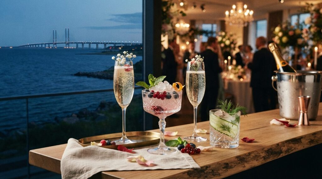 Sophisticated close-up of a gourmet wedding cocktail and cha