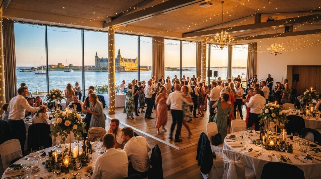 Vibrant wide-angle shot of a festive wedding reception celeb