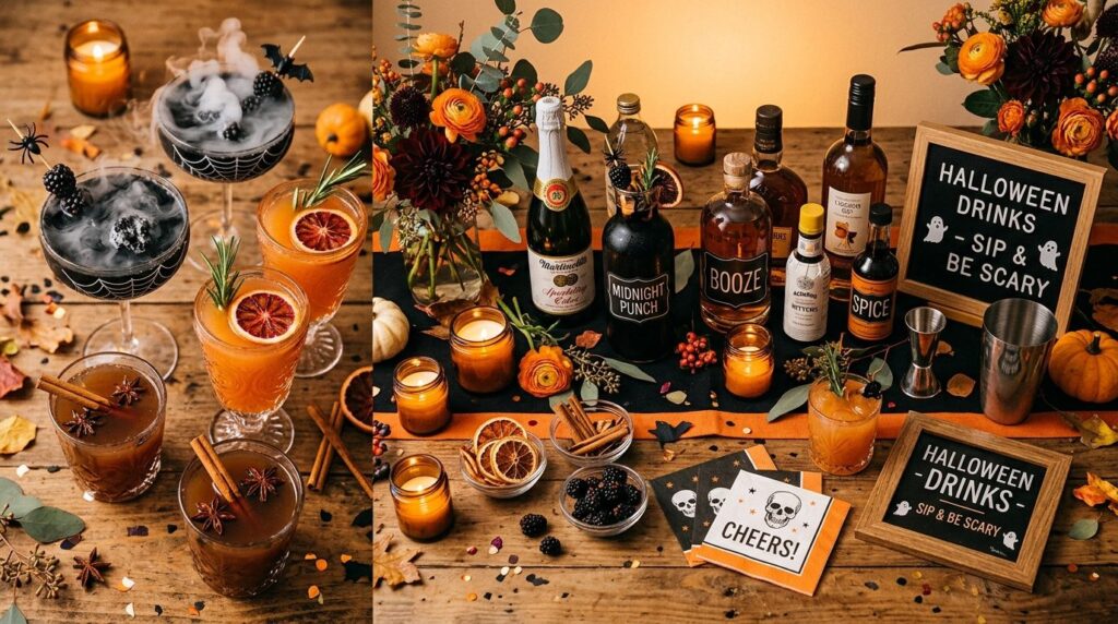 Drinkstation med Halloween-tema set fra oven med forskellige drikke og tilbehør