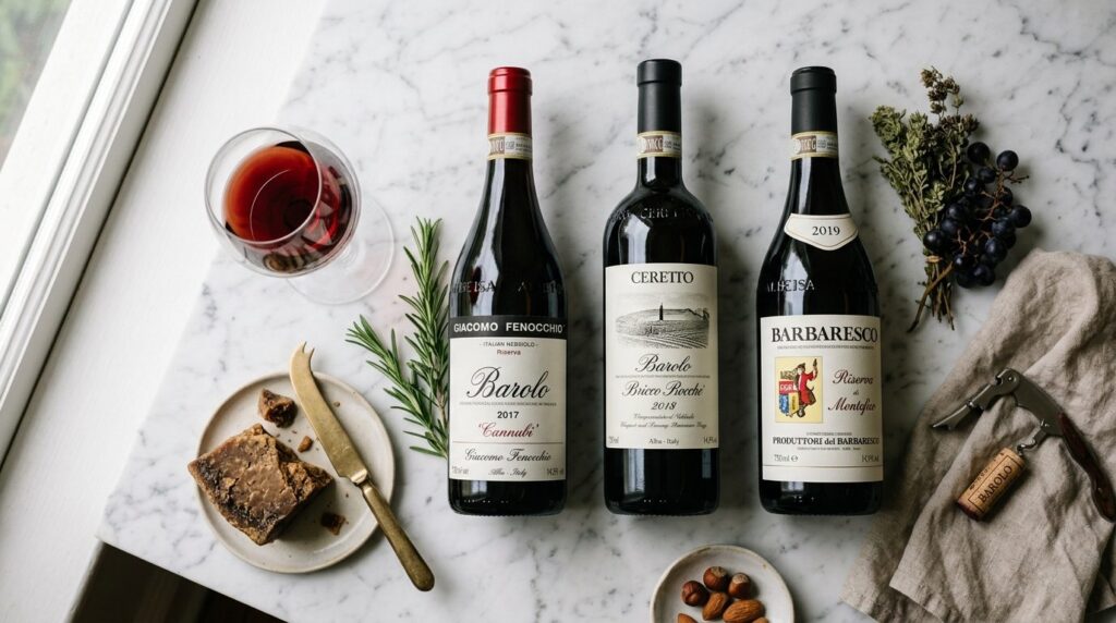 Luxury wine tasting flat lay featuring three Nebbiolo wine b