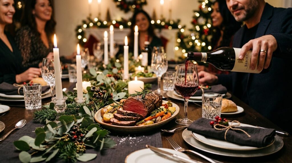 Festive holiday dinner table setting with roasted beef tende