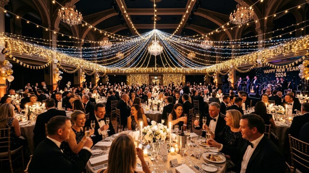 Wide-angle fotorealistic photograph of a New Years Eve dinn