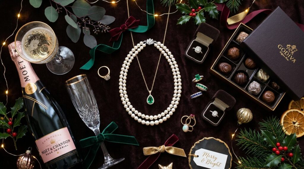 Flat lay composition of luxury gift jewelry including pearl 