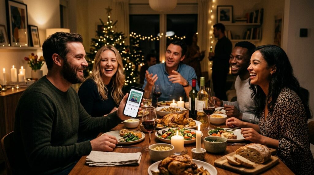 Lifestyle photograph of friends gathered around a dining tab