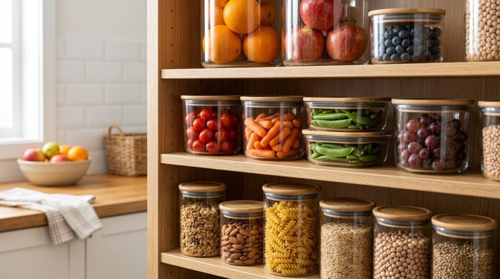 Close-up detail shot of food storage solutions in a modern k