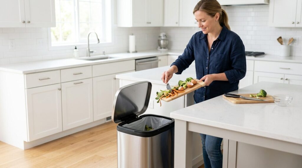 Kitchen waste management detail: A homeowner disposing of fo