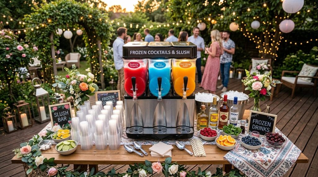 Wide angle overhead view of a sleek slush ice machine on a d