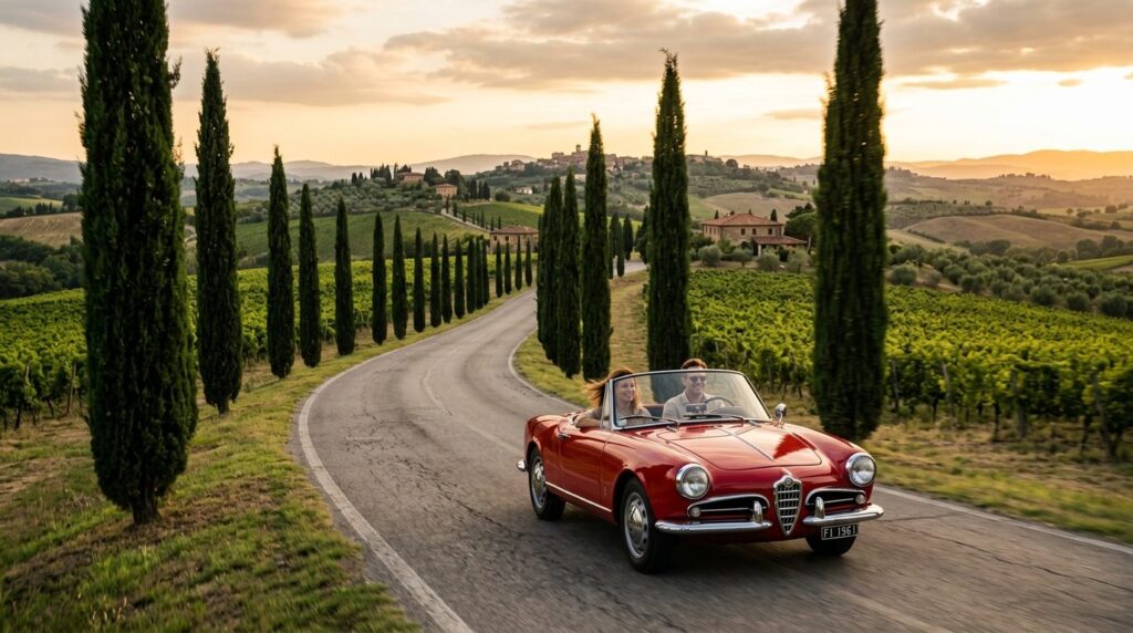 Scenic Italian countryside road lined with cypress trees and